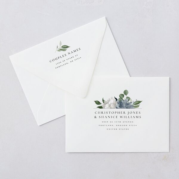 Timeless Bouquet Wedding Invitation Euro Envelopes White Luxe Dusty Blue Both Recipient and Return Addresses Signature