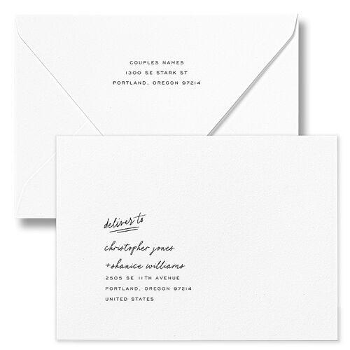 Sunny Day Modern Script Wedding Invitation Euro Envelopes White Pure White Both Recipient and Return Addresses Luxe Signature