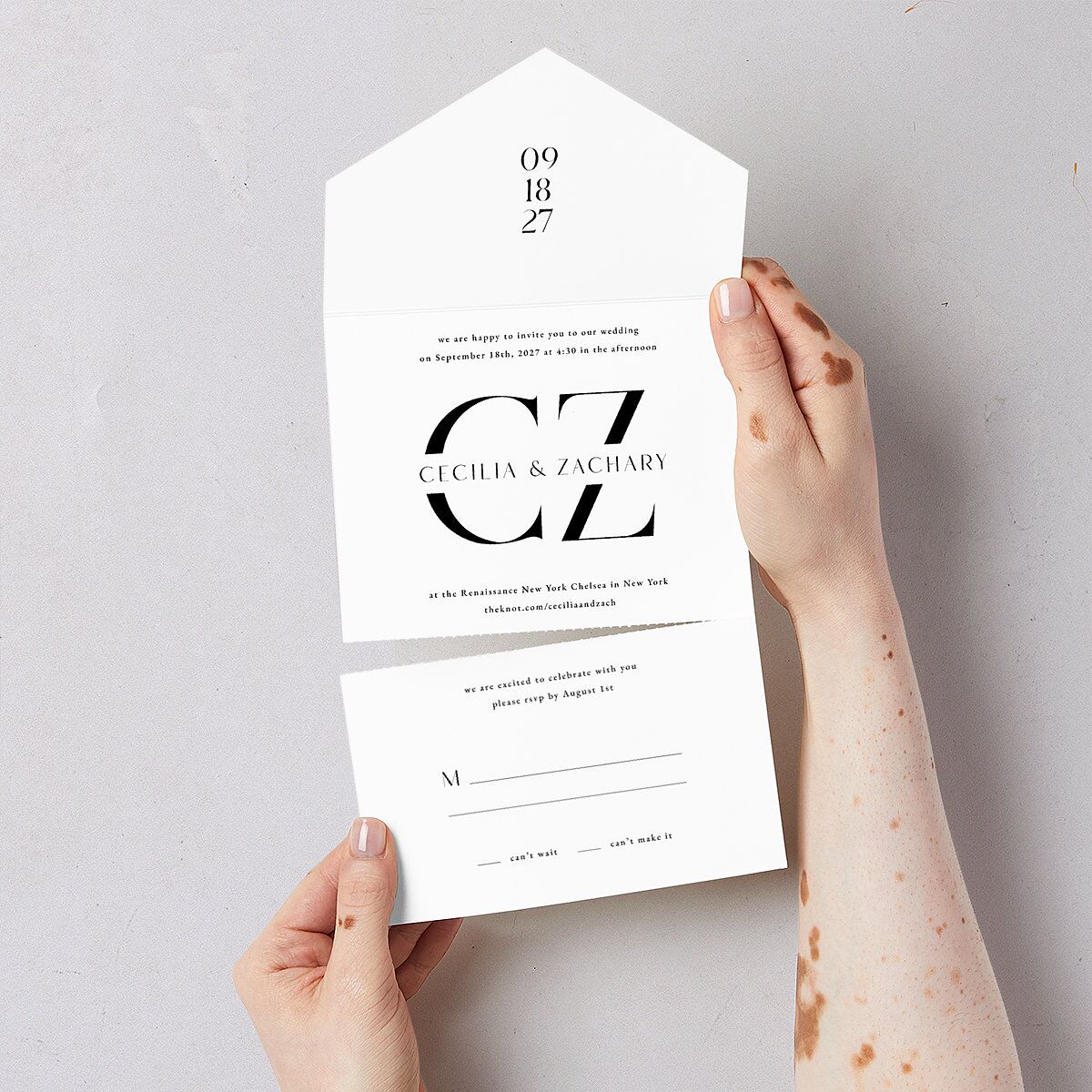 Simple Modern Monogram All-in-One Wedding Invitations Pure White Signature Light Both Recipient and Return Addresses No