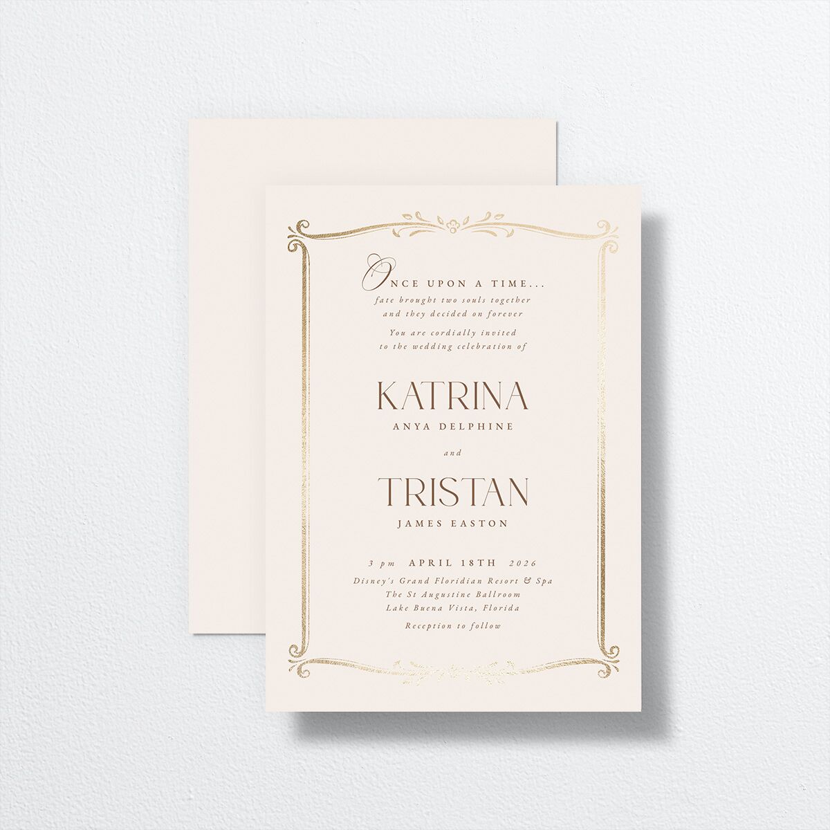 Fairytale Frame Wedding Invitations front-and-back in white