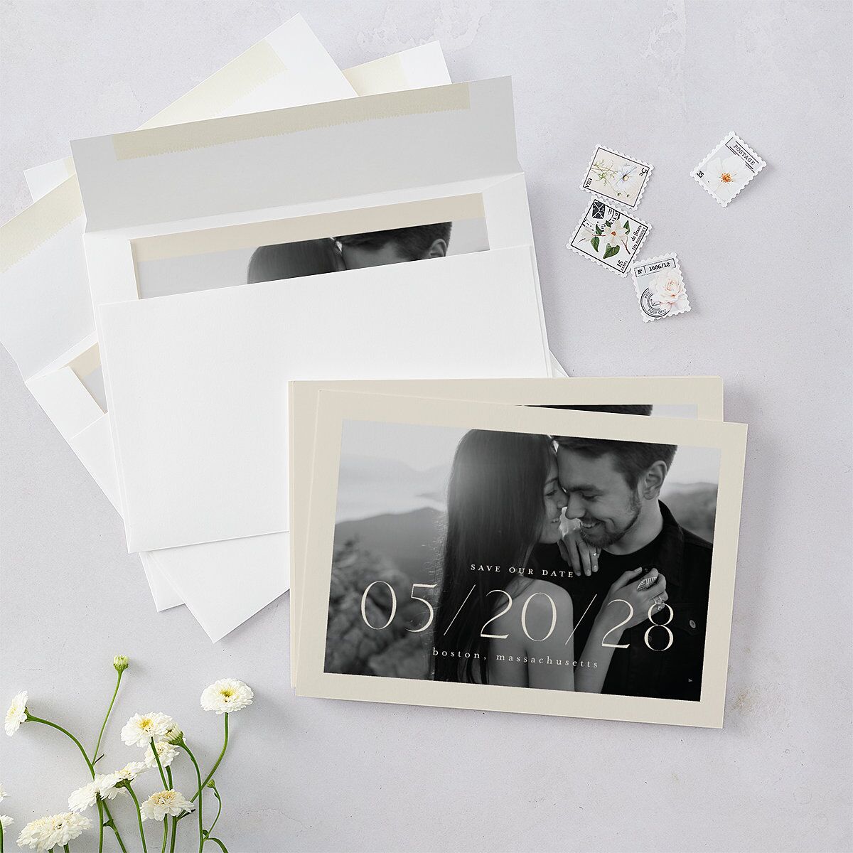 Minimalist Accent Leaf Save the Date Cards Linen Signature smooth Blank No Standard