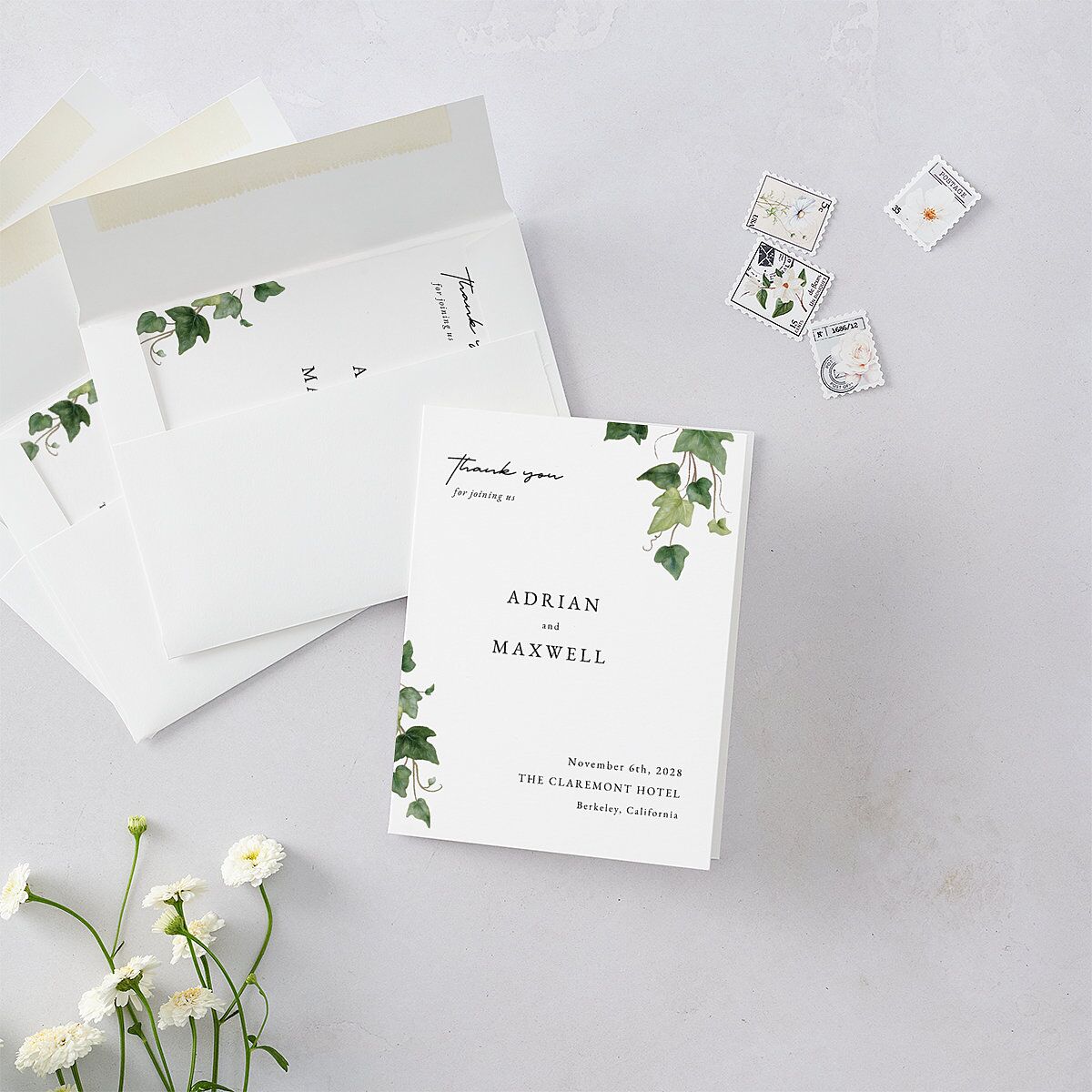 Elegant Ivy Thank You Cards Pure White