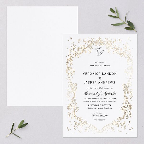 Formal Opulent Frame Foil Wedding Invitations Pure White Gold No Signature Blank Standard
