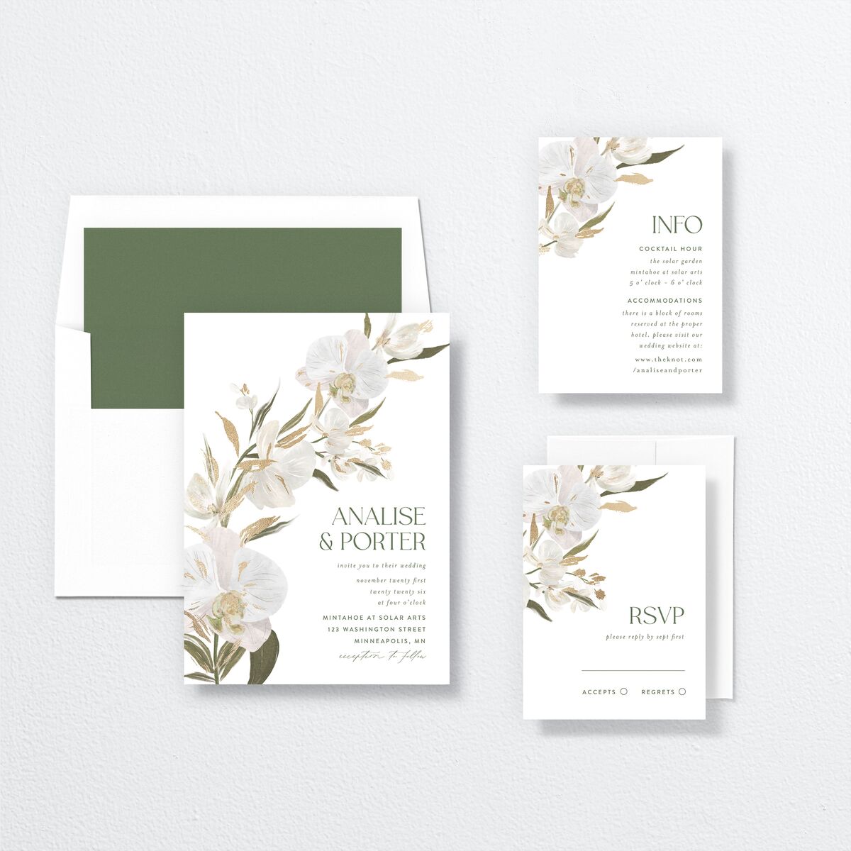 Elegant Orchid Wedding Invitations Gold Pure White Signature No