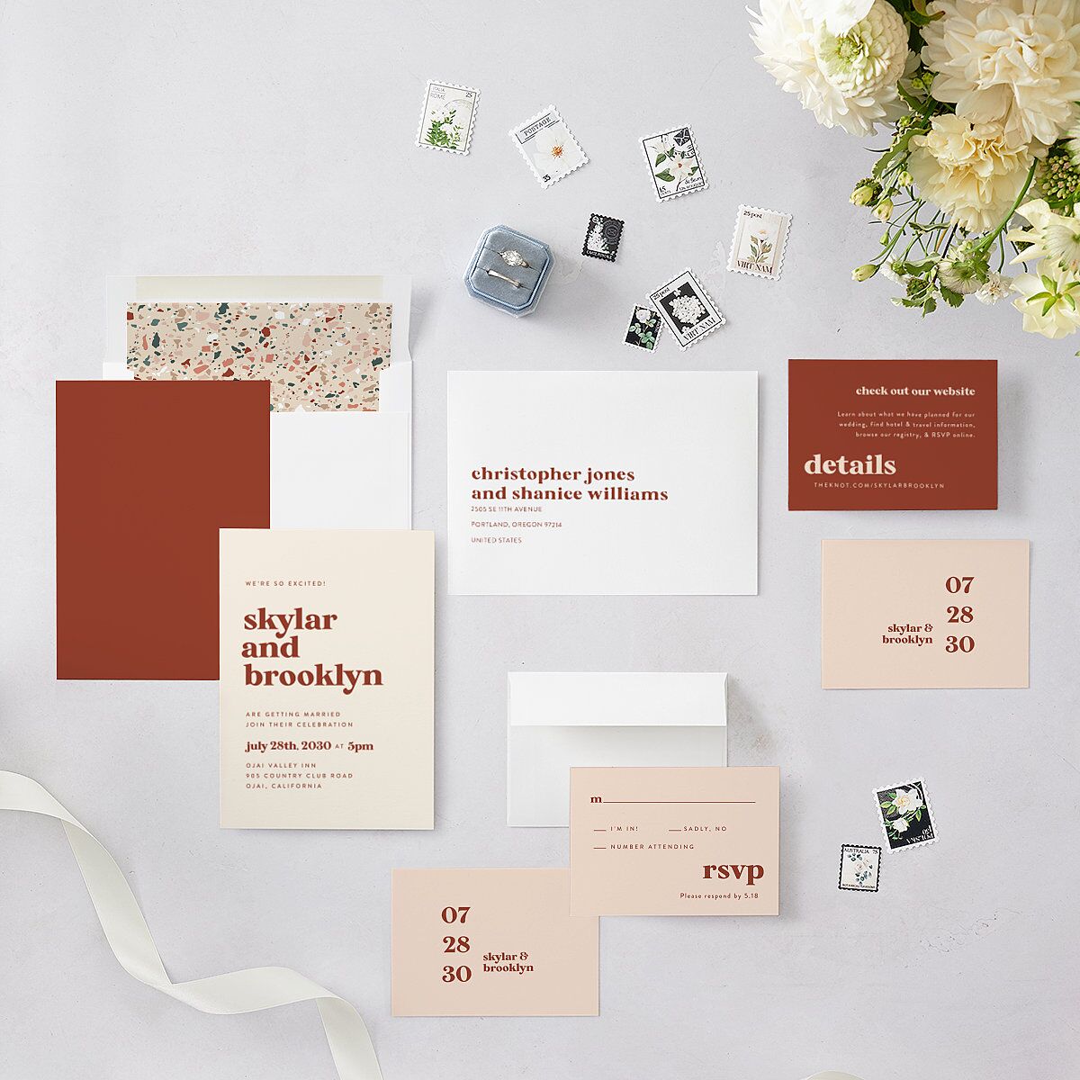 Modern Retro Wedding Invitations Pink Cotton Signature Blank No Standard