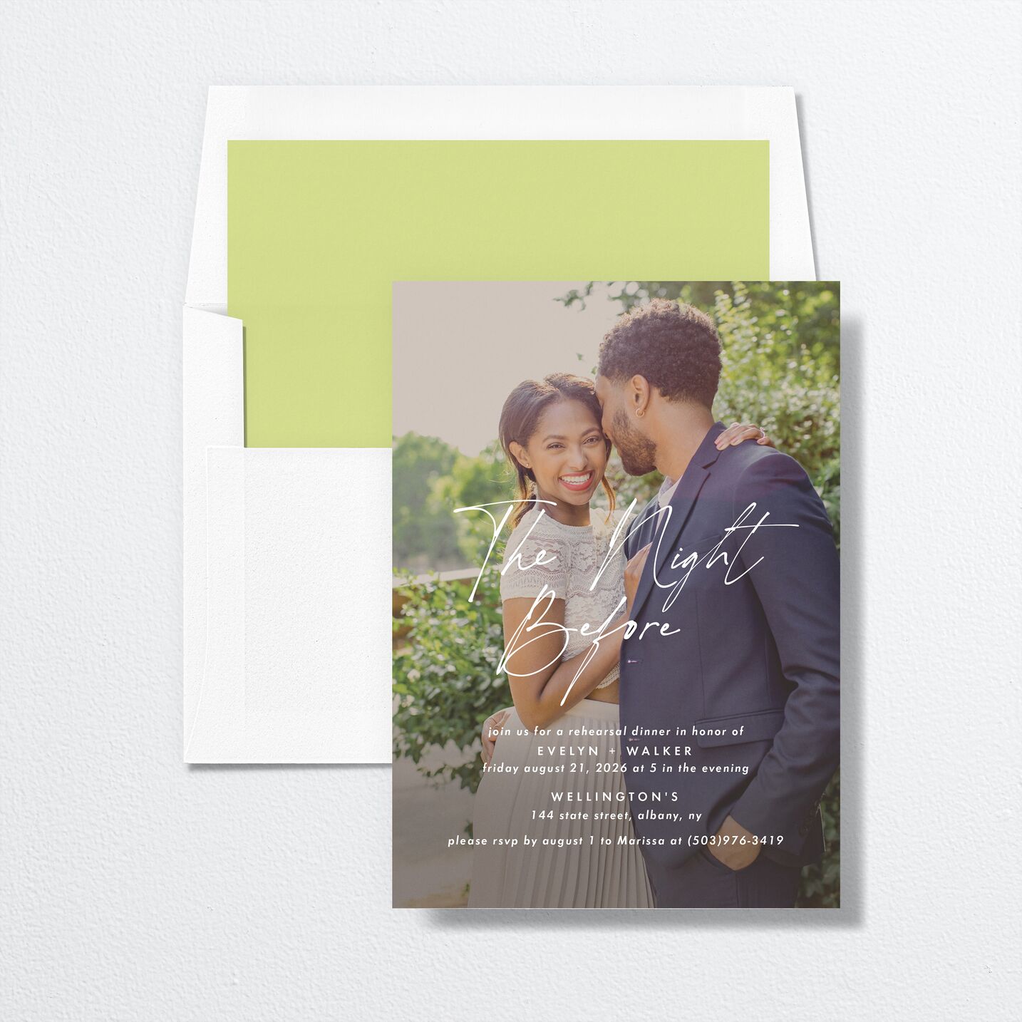 Picture This Rehearsal Dinner Invitations envelope-and-liner in green