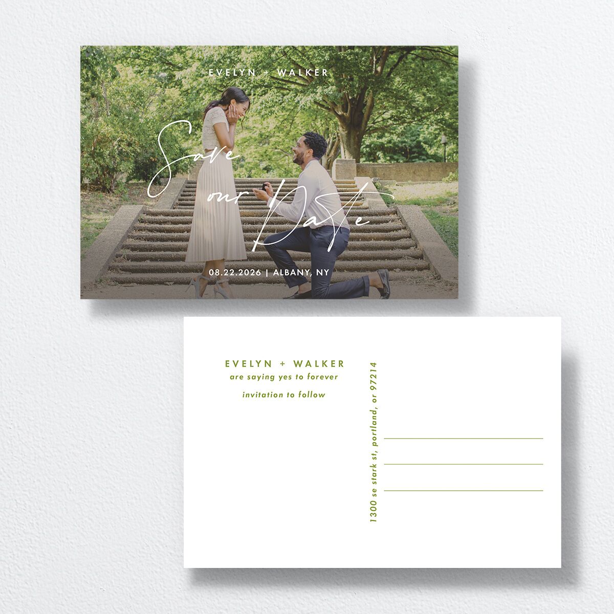Picture This Save the Date Postcards front-and-back in green