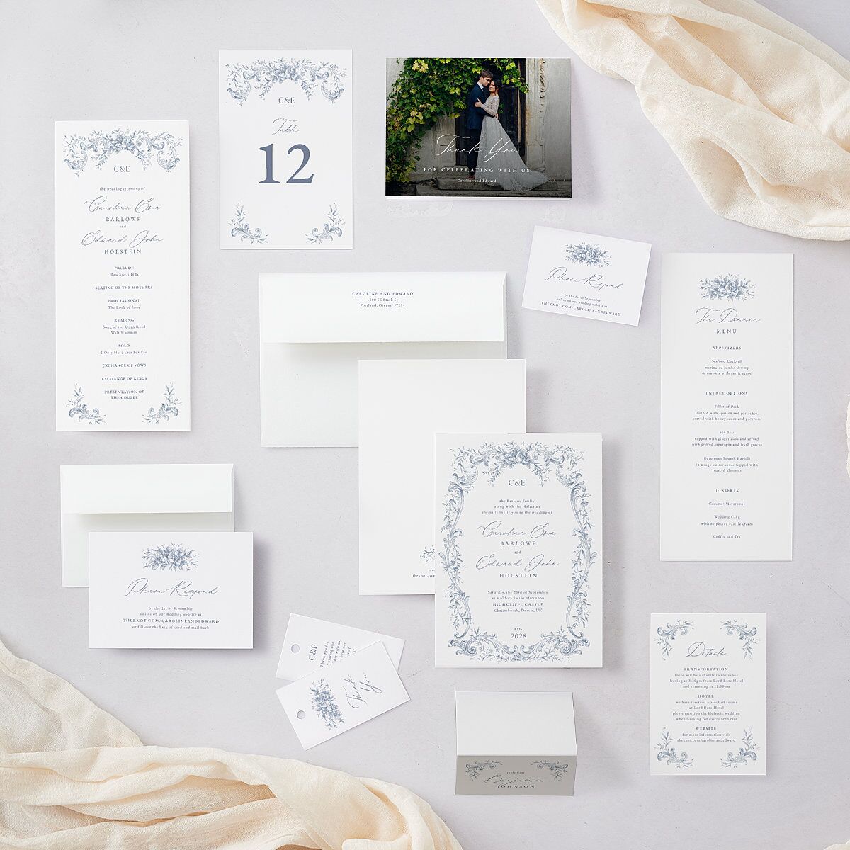 Antique Victorian Botanical Wedding Invitations Dusty Blue Signature Blank No Rounded