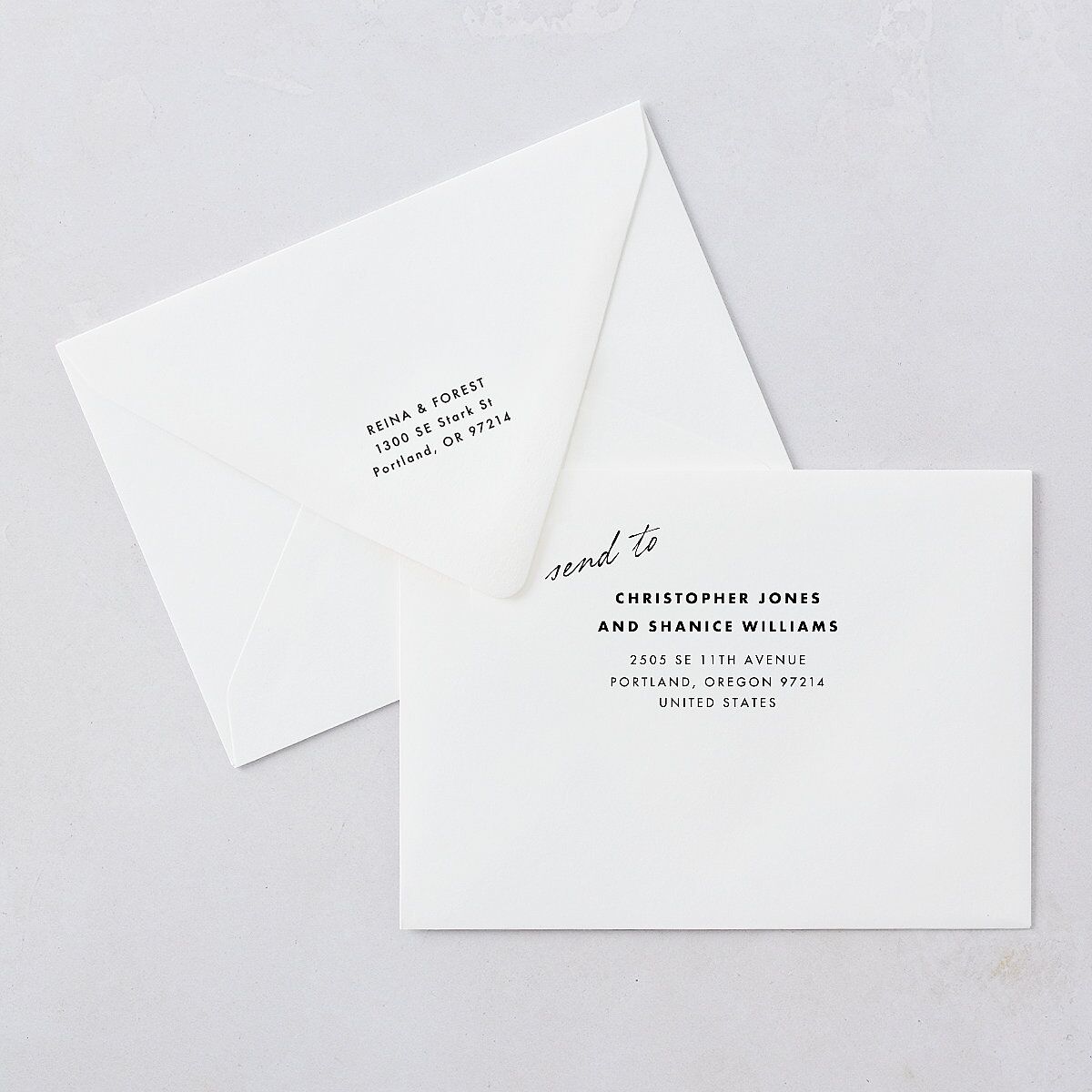 Editorial Film Strip Collage Save The Date Card Euro Envelopes Licorice White Both Recipient and Return Addresses Luxe Signature