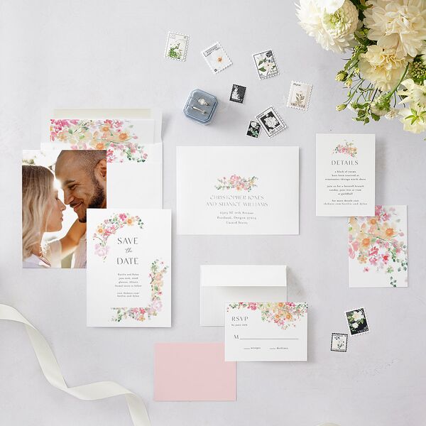 Pastel Flower Arch Foil Save the Date Cards Gold Pink Cotton Signature smooth Blank No Standard