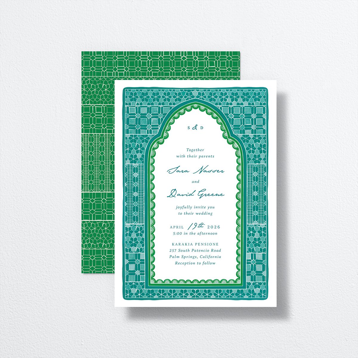 Marrakesh Tile Wedding Invitations front-and-back in teal