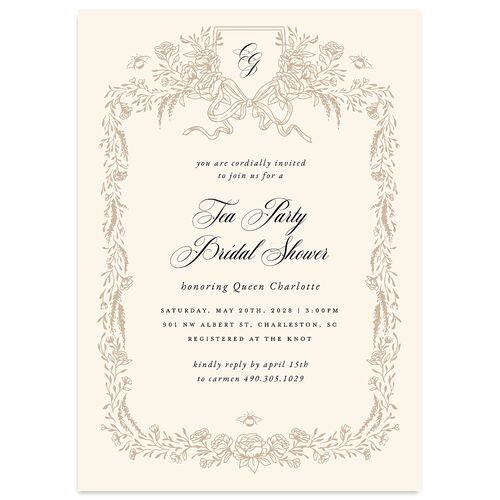 Rose Garden Crest Bridal Shower Invitations by Bridgerton Taupe Signature Blank Standard
