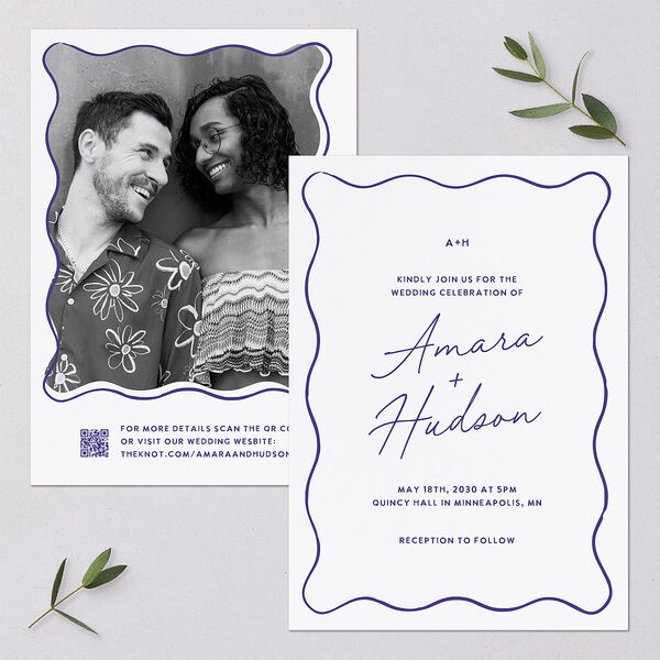 Hand Drawn Wavy Border Wedding Invitations Sapphire Signature Blank No Standard