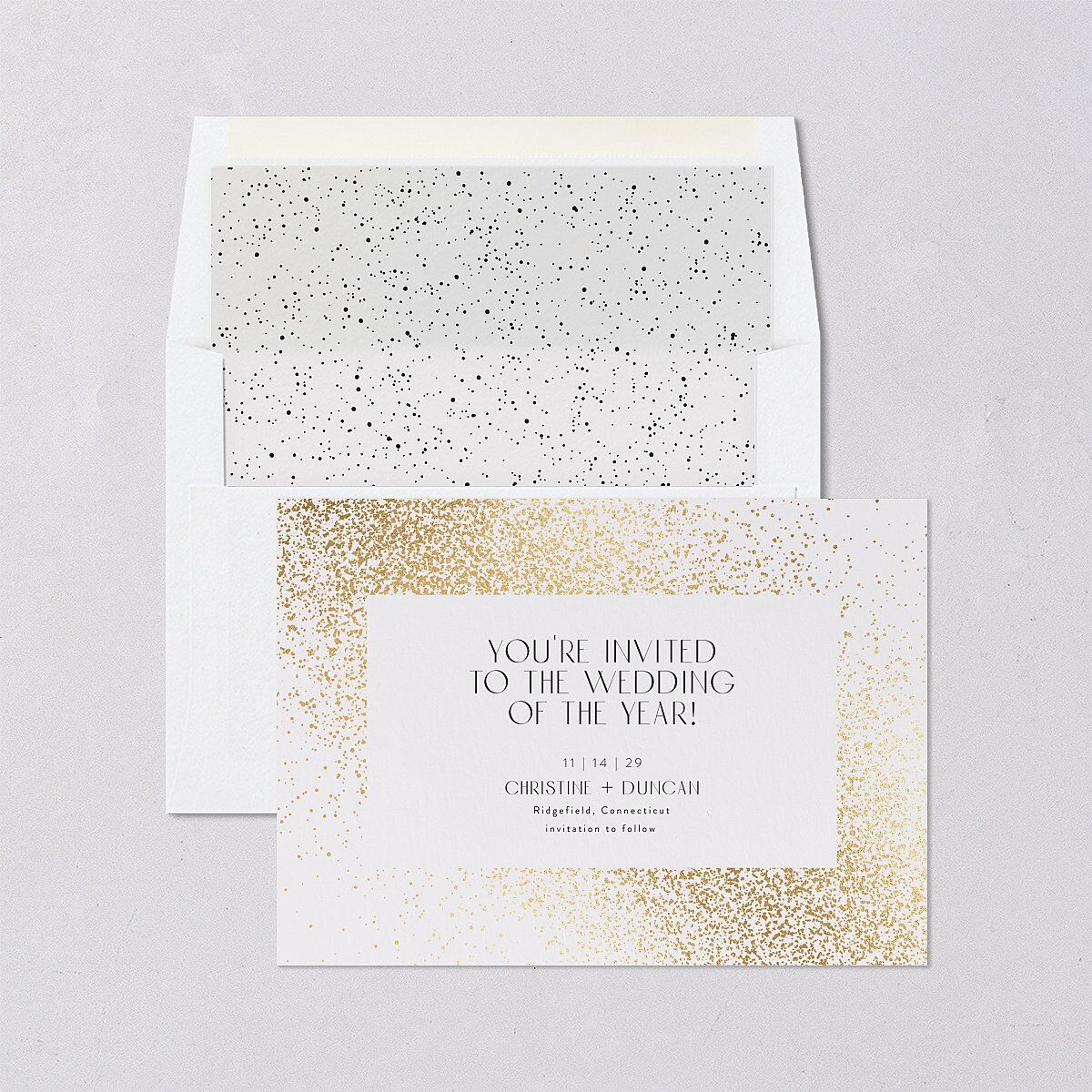 Shimmering Frame Save The Date Cards Gold Off-White Signature smooth Blank No Standard