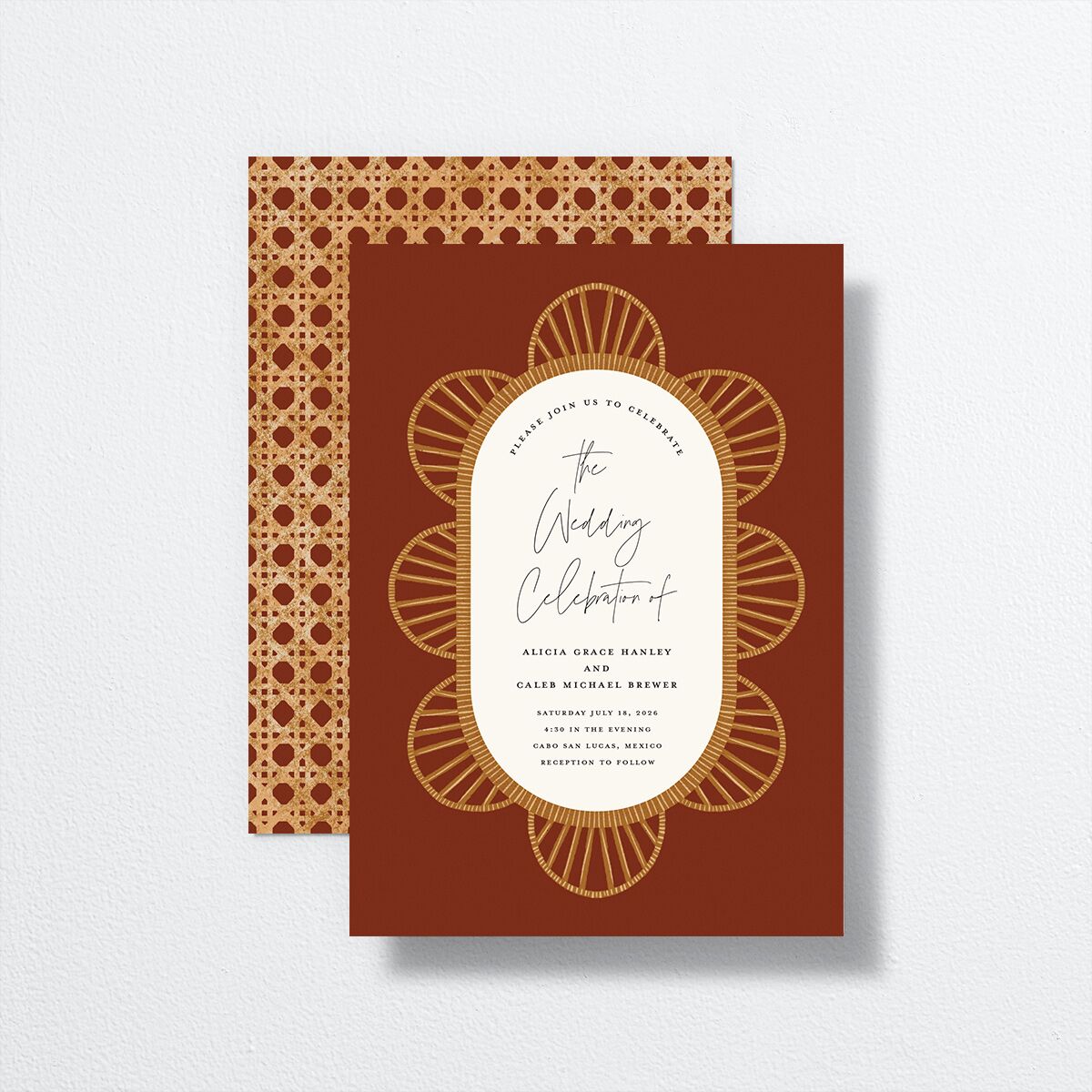 Scallop Rattan Wedding Invitations front-and-back in burgundy