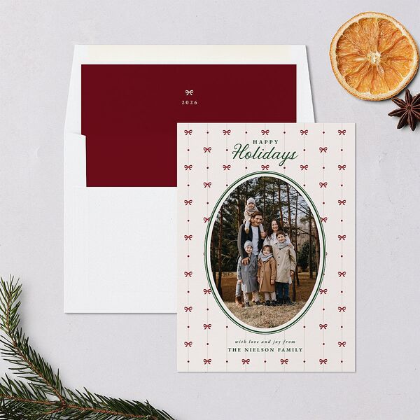 Vintage Bow Pattern Photo Holiday Cards Jewel Green Signature Blank Standard