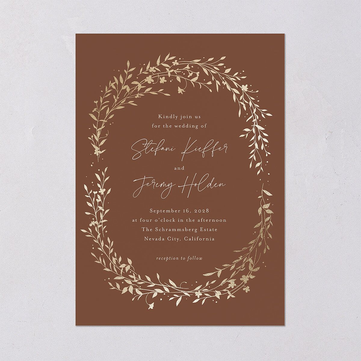 Oval Garland Foil Wedding Invitations Sepia Gold Signature Blank No Standard