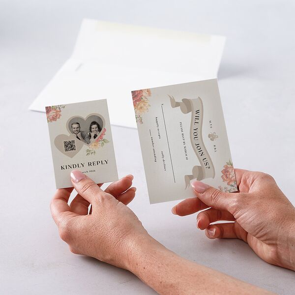 Vintage Awkward Photo Hearts QR Code RSVP Cards Barely Peach Signature Standard