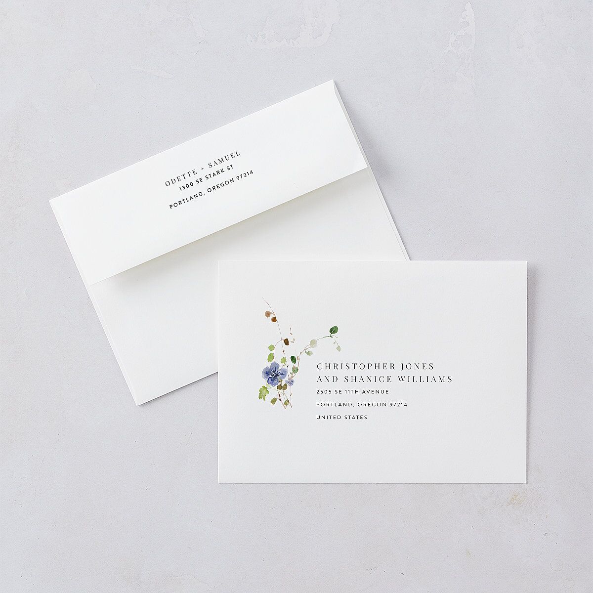 Romantic Wildflowers Save The Date Card Envelopes Stream White Both Recipient and Return Addresses Signature Standard