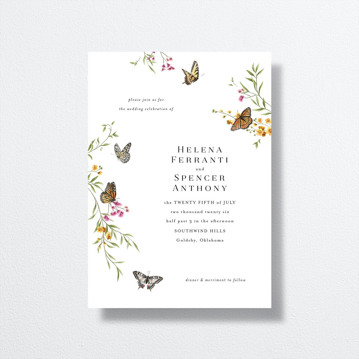 Rustic Butterflies Wedding Invitations front in white
