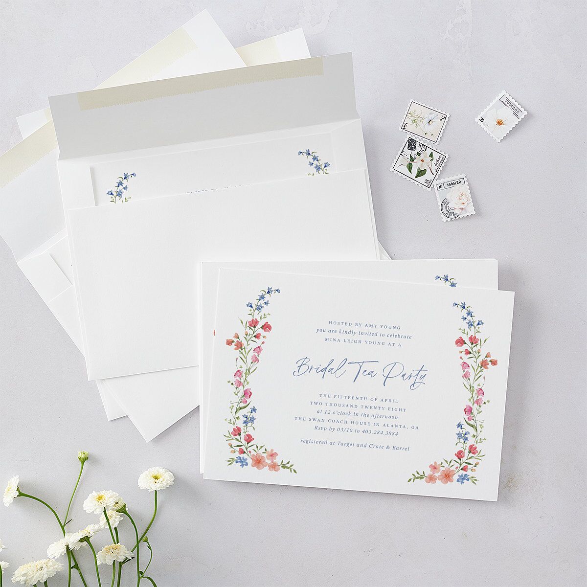 Fairytale Wildflower Crest Bridal Shower Invitations Pure White Signature Blank Standard