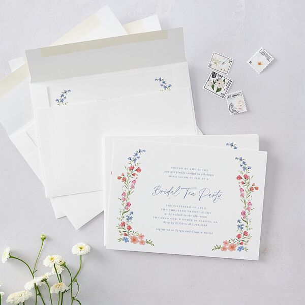 Fairytale Wildflower Crest Bridal Shower Invitations Pure White Signature Blank Standard