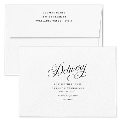 Elegant Hollywood Calligraphy Wedding Invitation Envelopes Licorice White Both Recipient and Return Addresses Standard Signature
