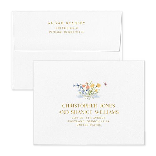 Fairytale Wildflower Crest Bridal Shower Thank You Card Envelopes White Daffodil Both Recipient and Return Addresses Signature Standard