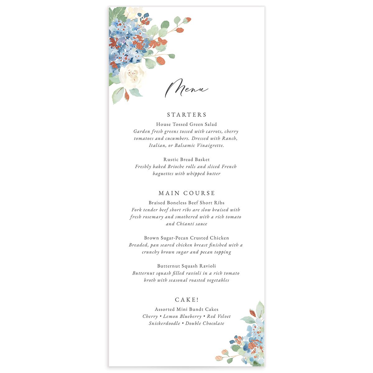 Gilded Hydrangea Menus