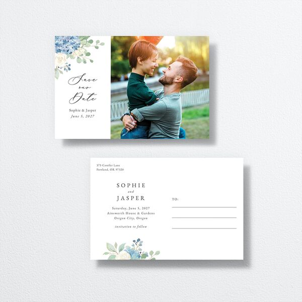 Gilded Hydrangea Save the Date Postcards front-and-back in Blue