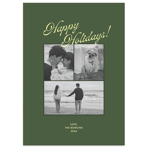Retro Minimalist Photo Triad Holiday Cards Scottish Green Signature Blank Standard