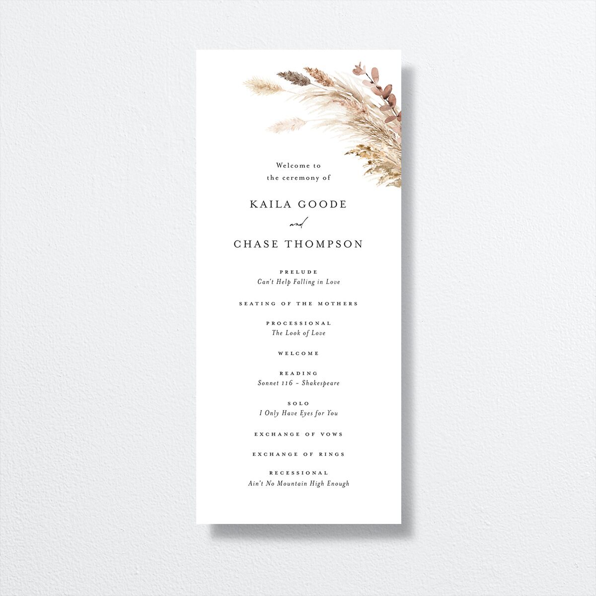 Soft Pampas Wedding Programs front in white