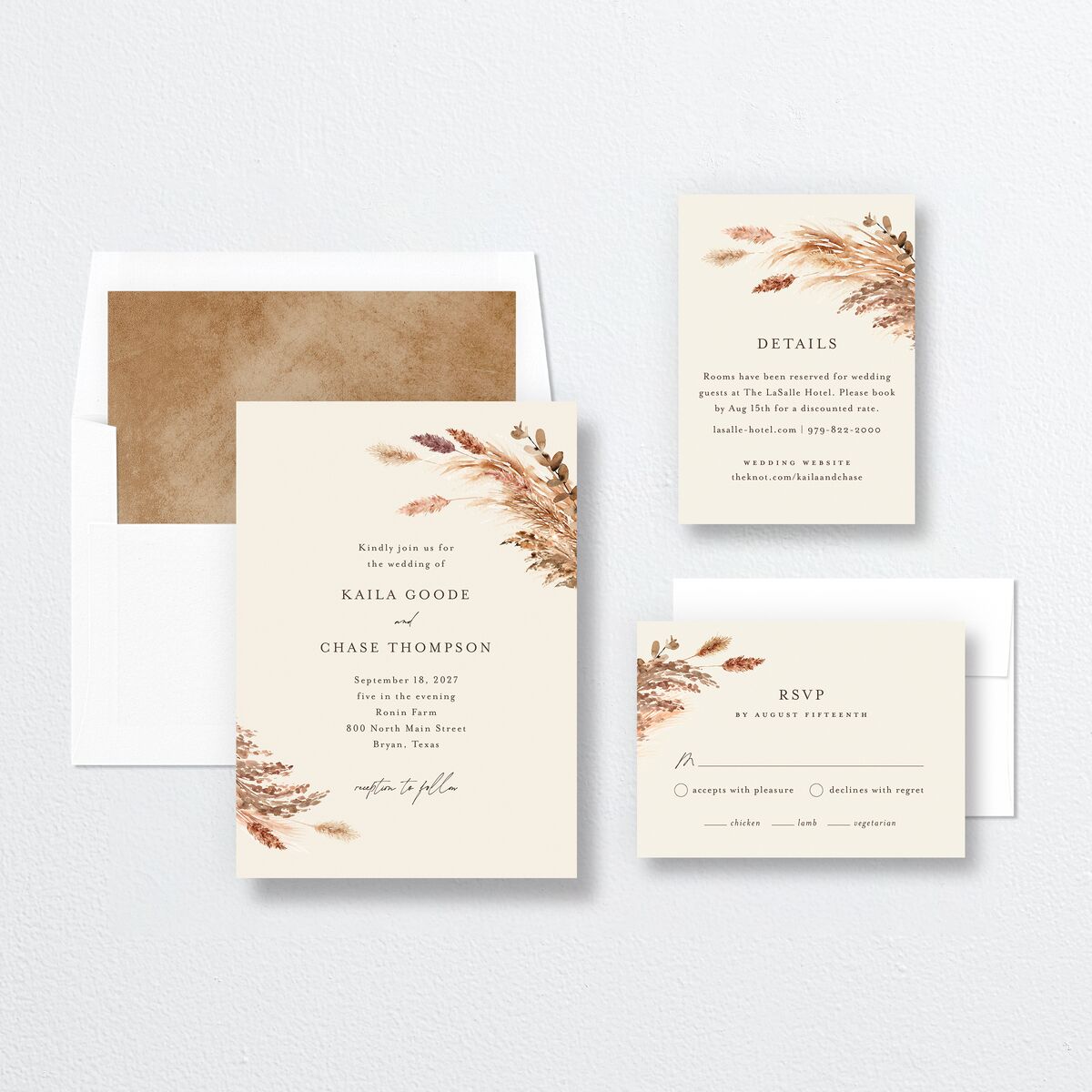 Soft Pampas Wedding Invitations Sepia Signature No Standard