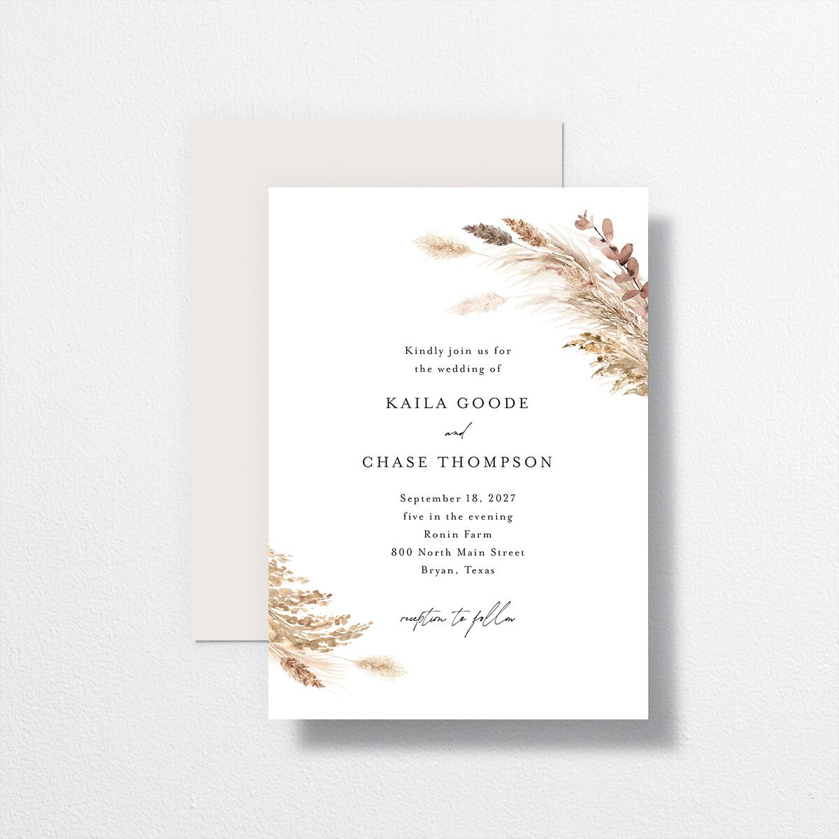 Soft Pampas Wedding Invitations front-and-back in white