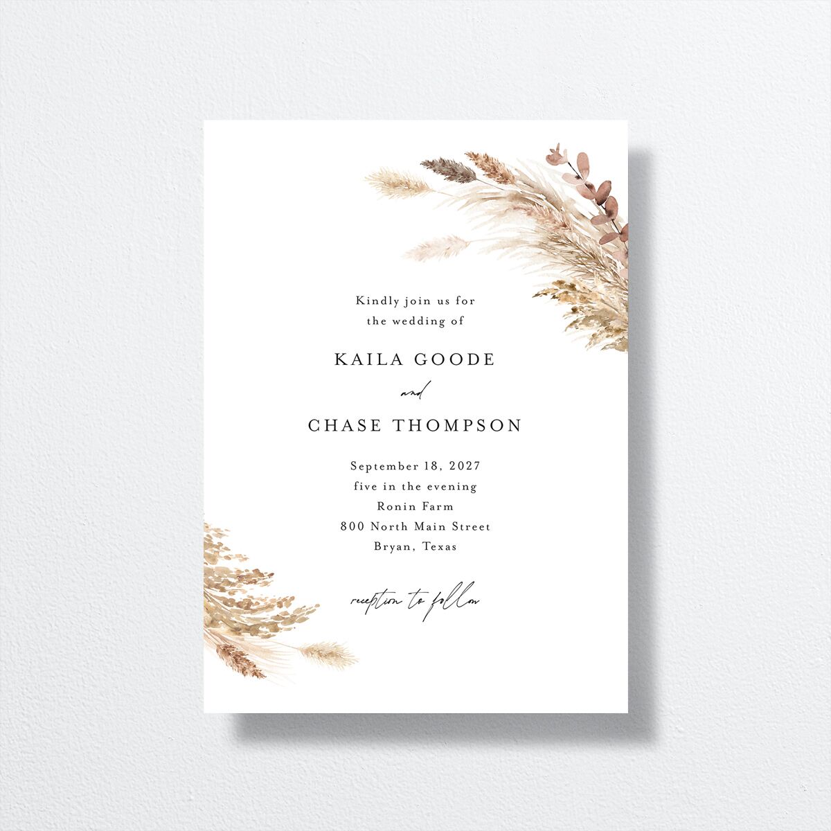 Soft Pampas Wedding Invitations front in white