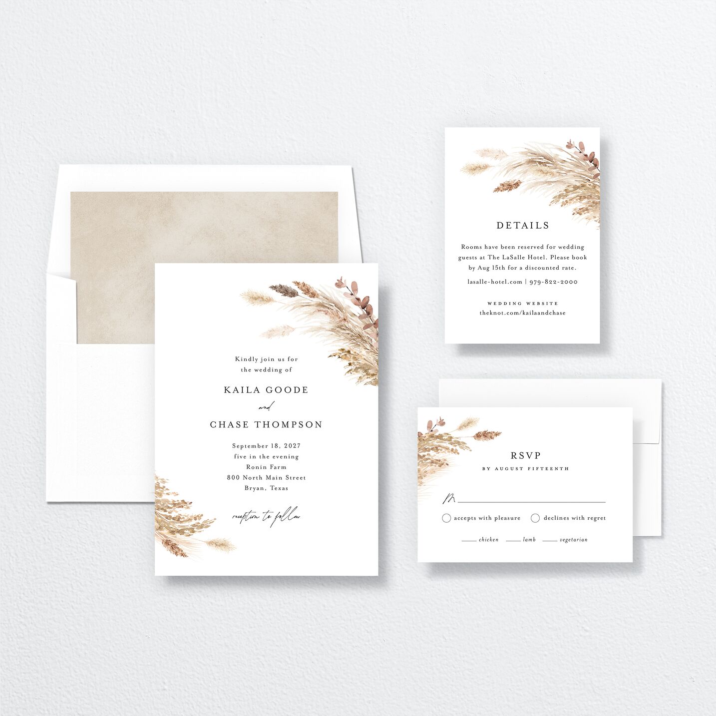 Soft Pampas Wedding Invitations suite in white