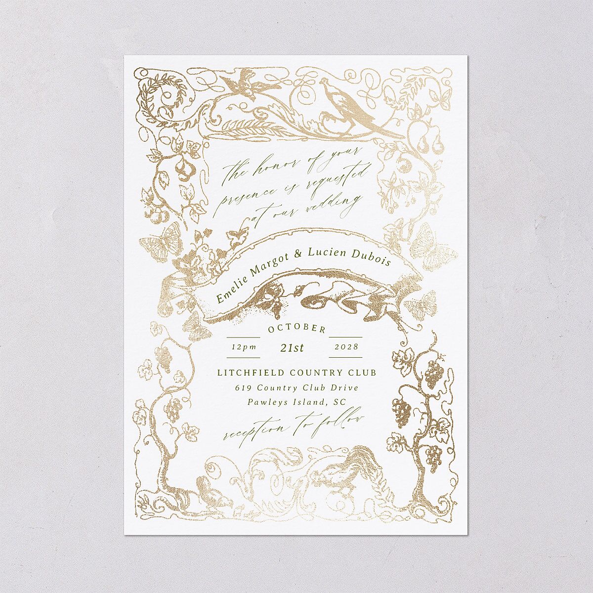 Vintage Toile Foil Wedding Invitations Gold Greenery Signature Blank No Standard
