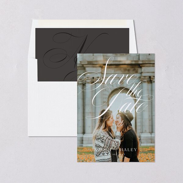 Elegant Monogram Save The Date Cards Licorice Signature smooth Blank No Standard