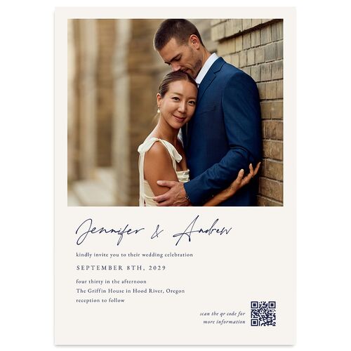 Simple Modern Photo QR Wedding Invitations Navy Signature Blank No Standard