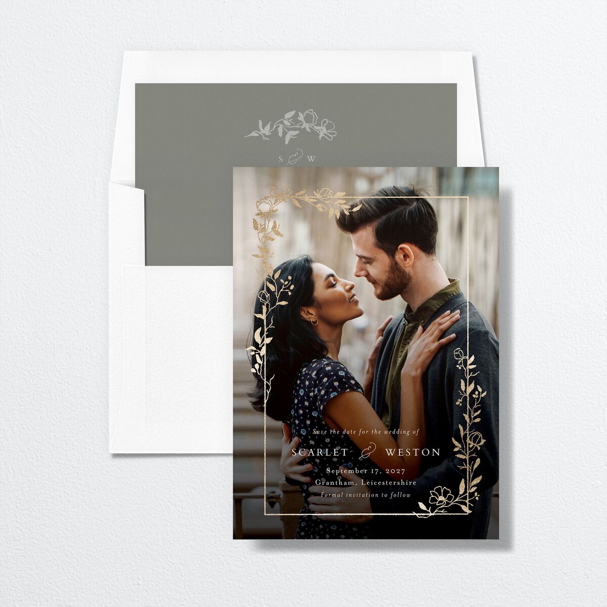 Delicate Vines Save the Date Cards Gold Hunter Green Signature smooth No