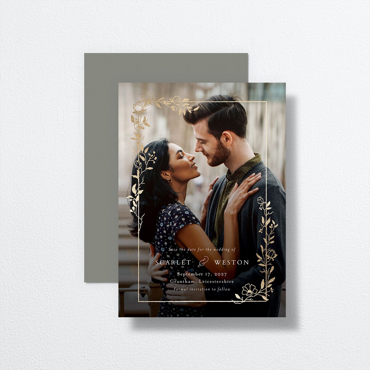 Delicate Vines Save the Date Cards Gold Hunter Green Signature smooth No