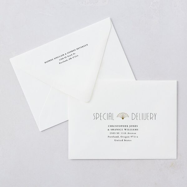 Gatsby Deco Arch Save The Date Card Euro Envelopes White Dark Emerald Both Recipient and Return Addresses Luxe Signature