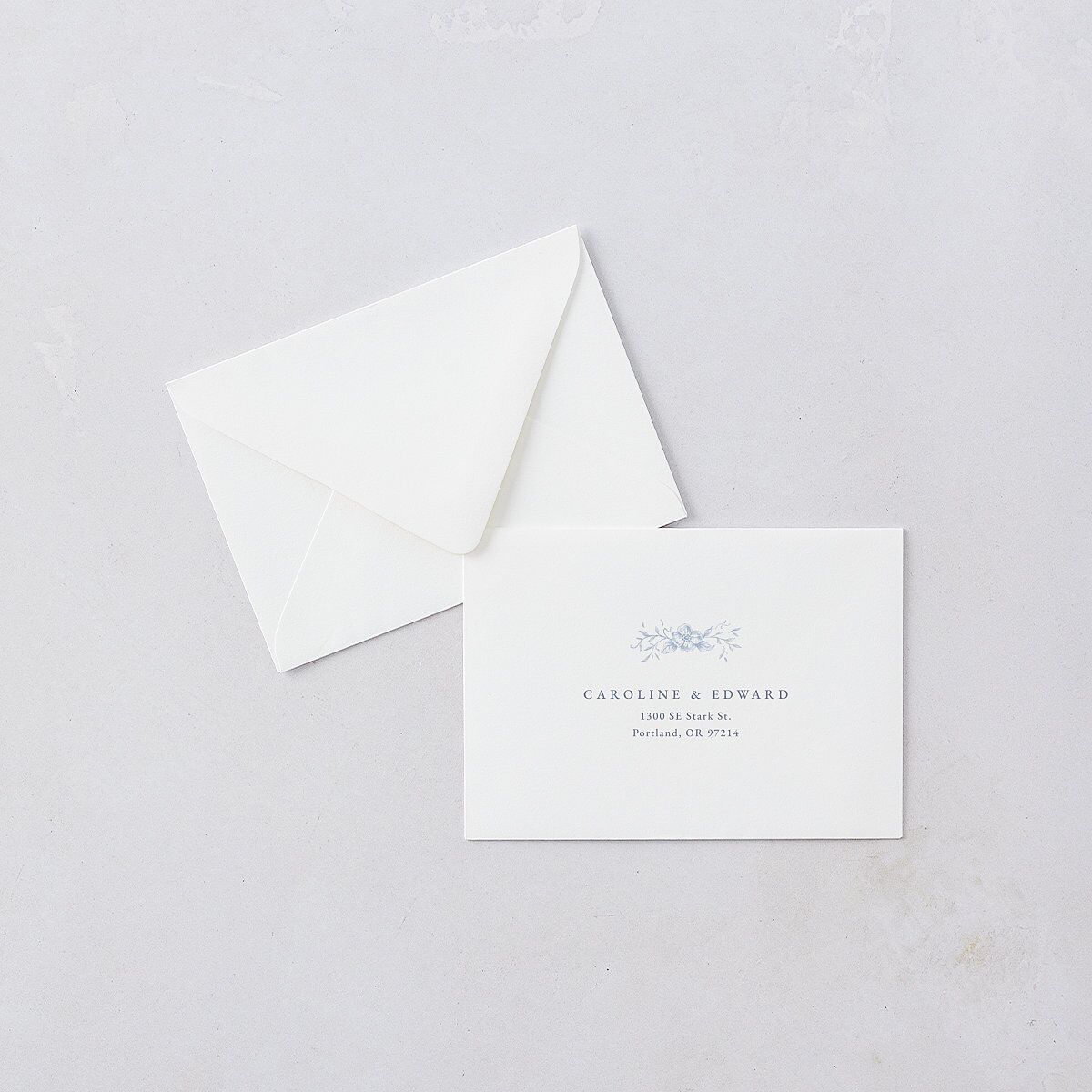 Antique Victorian Botanical Response Card Euro Envelopes White Dusty Blue Return Address Luxe