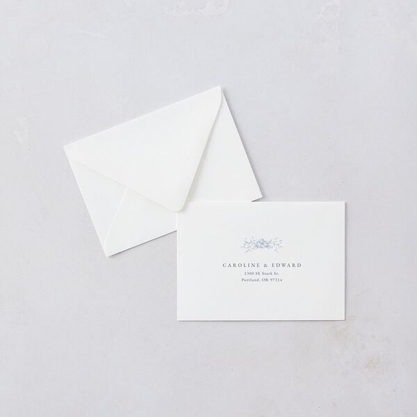 Antique Victorian Botanical Response Card Euro Envelopes White Dusty Blue Return Address Luxe