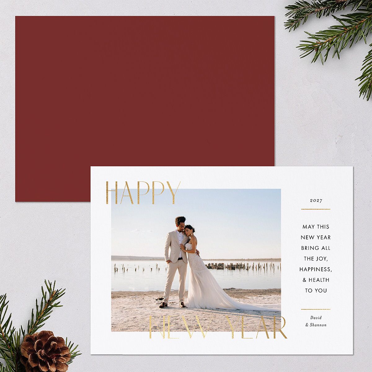 Joyous New Year Holiday Cards Gold Pure White Signature Blank Landscape Standard
