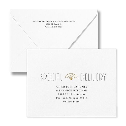 Gatsby Deco Arch Thank You Card Euro Envelopes White Champagne Both Recipient and Return Addresses Luxe Signature