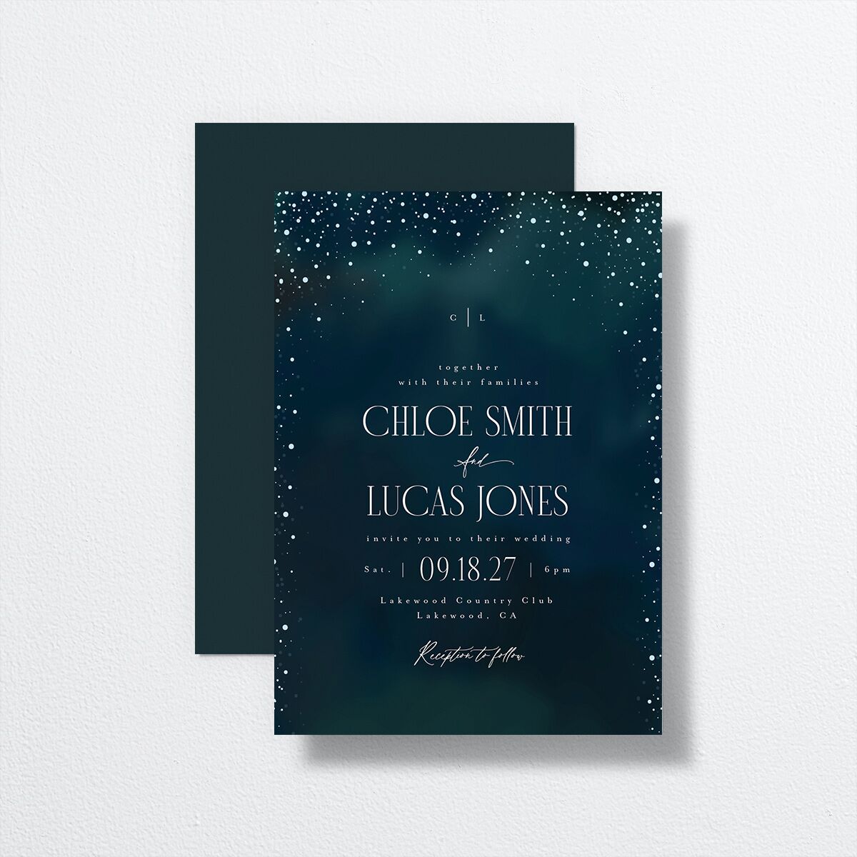 Sparkling Night Wedding Invitations front-and-back in blue