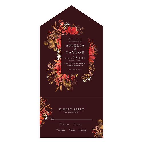 In Bloom All-in-One Wedding Invitations Burgundy Signature Light Both Recipient and Return Addresses No