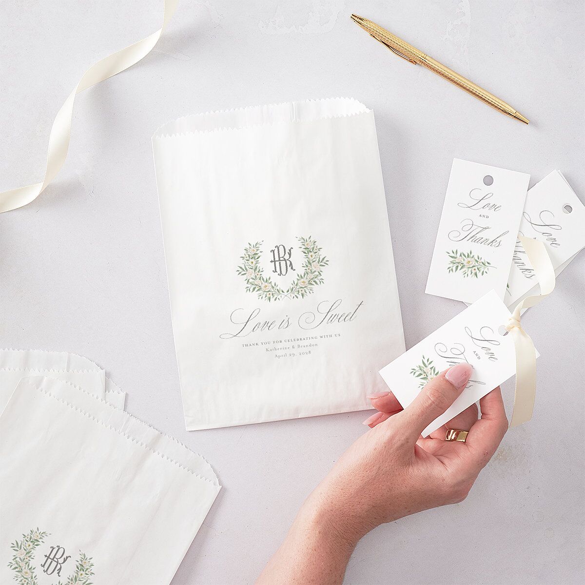 Luxury Floral Monogram Wedding Day Paper Favor Bags Cotton White Wax-Lined Food Safe Paper