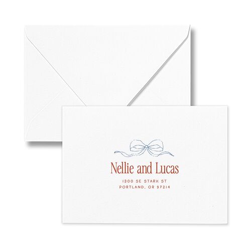 Modern Delicate Bows Response Card Euro Envelopes Jewel Red White Return Address Luxe